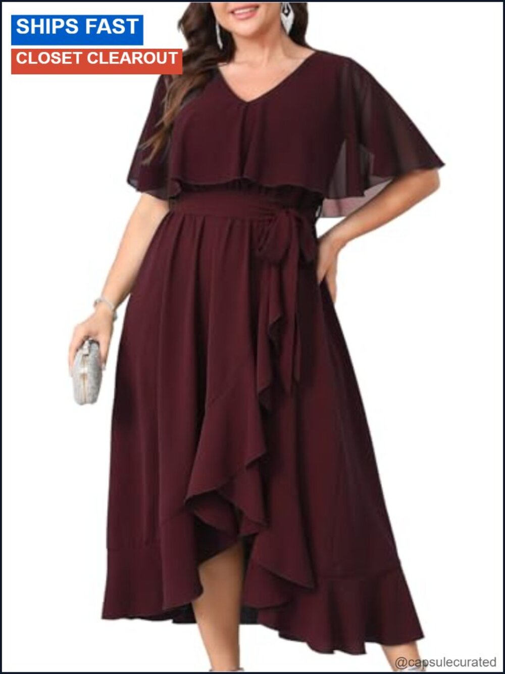 Plus Size Chiffon High Low Maxi Dress Ruffle Sleeve V Neck Formal